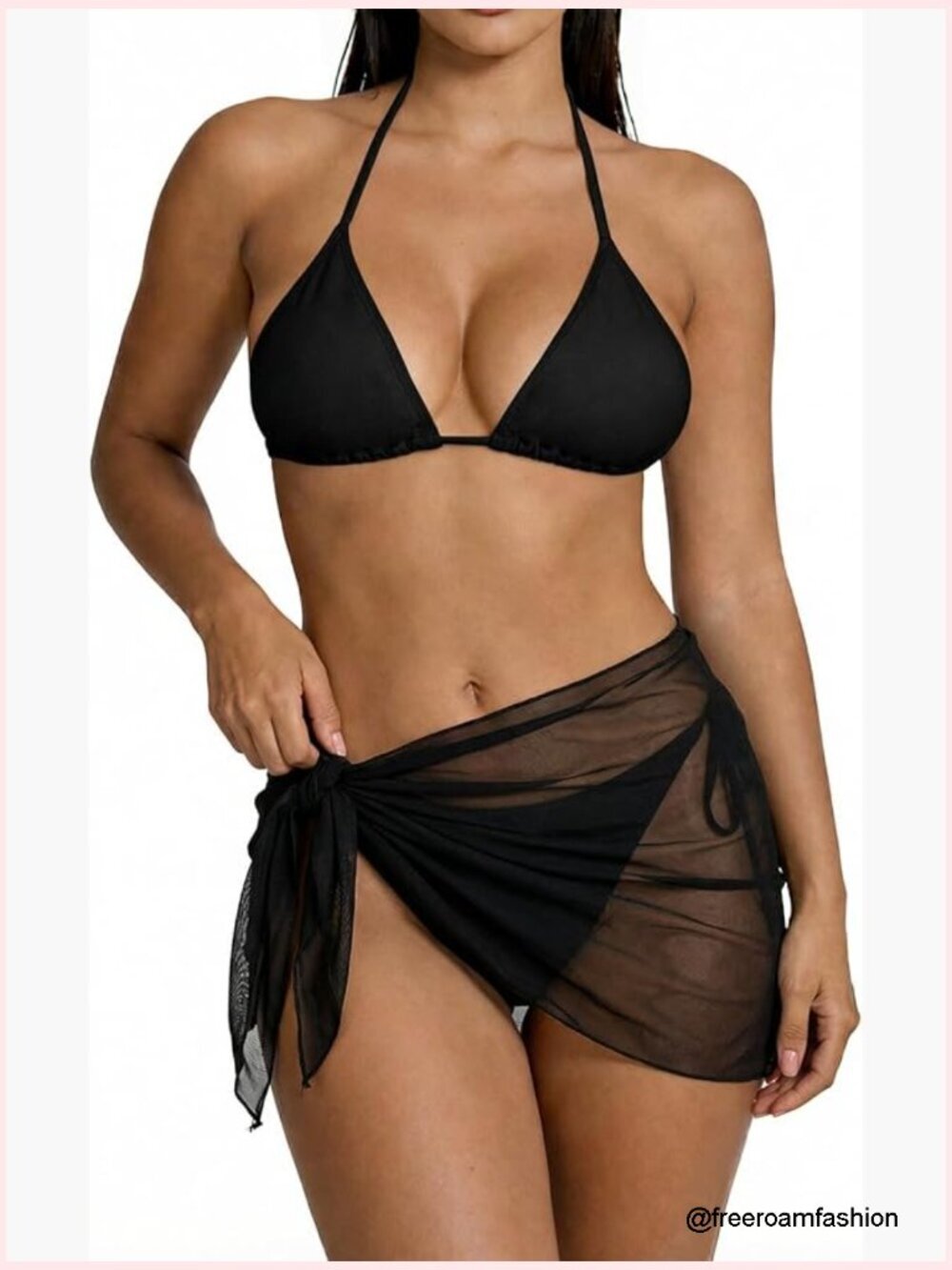 Sexy 3-Piece String Bikini Set Tie Side Swimsuit with Sheer Mesh Cover Up